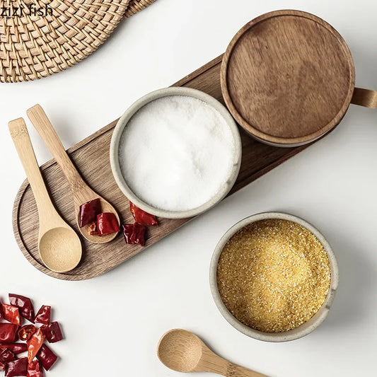 Баночки для спецій з дерев'яними кришками - керамічні контейнери